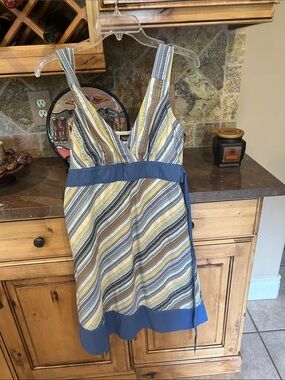 Patagonia Striped Wrap Midi Dress in Blue, Yellow & Brown